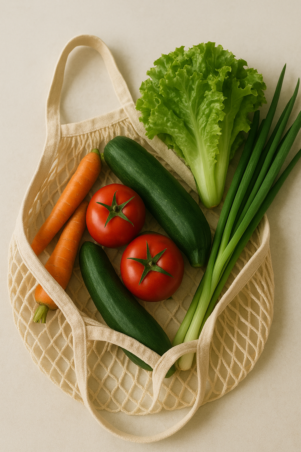 Imagem de uma sacola reutilizável de malha contendo vegetais frescos, incluindo alface, cenouras, tomates, pepinos e cebolinhas, dispostos contra um fundo claro. A iluminação suave destaca as cores vibrantes dos vegetais, criando uma sensação de frescor e saúde. A composição organizada e minimalista enfatiza a naturalidade e o estilo de vida sustentável.